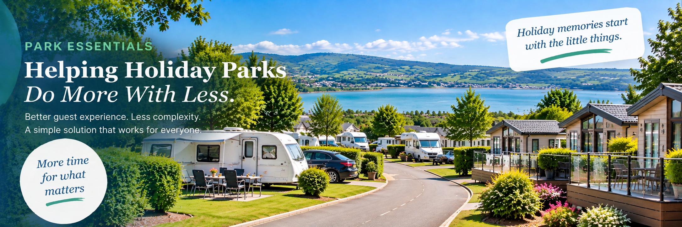 Holiday park with touring caravans and lodges overlooking a scenic bay